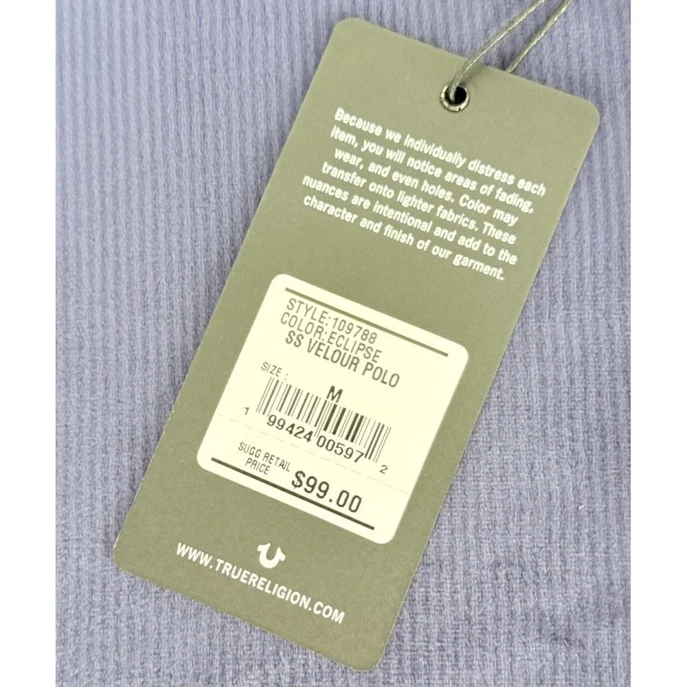 True Religion SS Velour Polo Shirt NWT Blue Men's Medium Short Sleeve